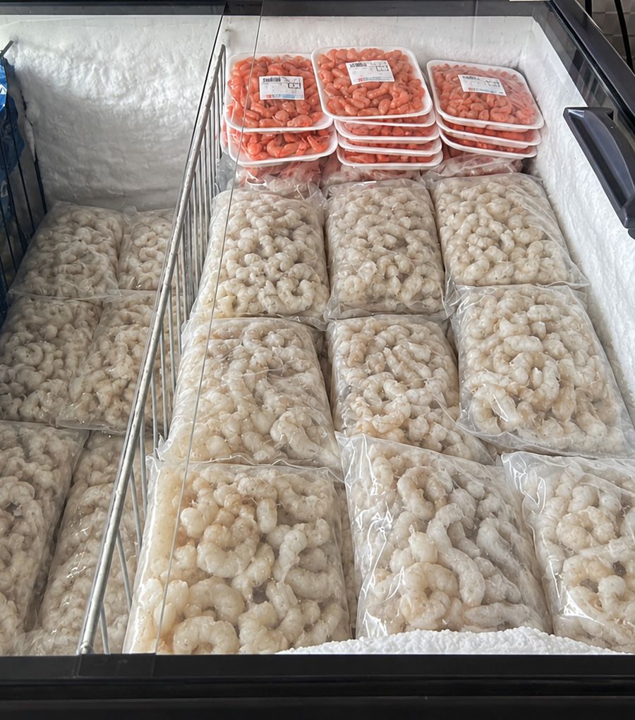 Freezer cheio de pacotes de camarão limpo e bandejas de camarão cozido