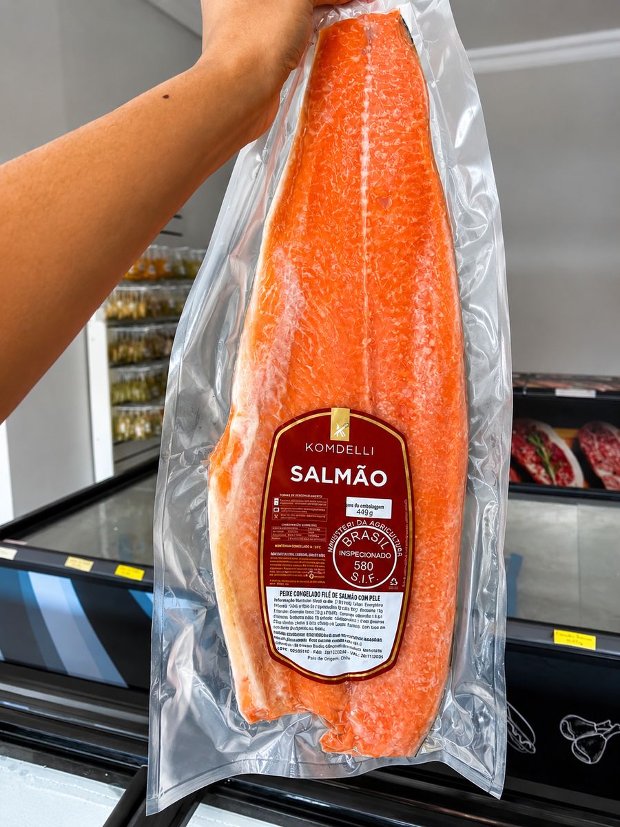 Filé inteiro de salmão com pele, embalado a vácuo